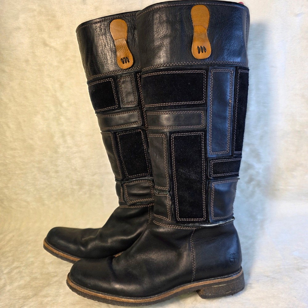 VTG Timberland Patchwork Tall Boots Black Leather Suede Womens 6.5 M